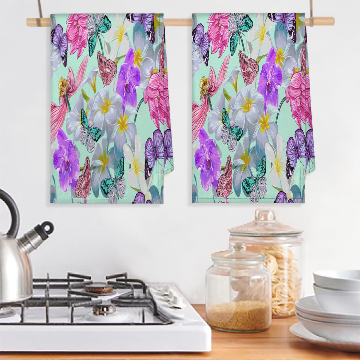 Set Di 2 Asciugamani Da Cucina 40,6x61 Cm Con Fantasia Fiori Selvatici, Api E Farfalle, In Microfibra, Fortemente Assorbenti, Lavabili
