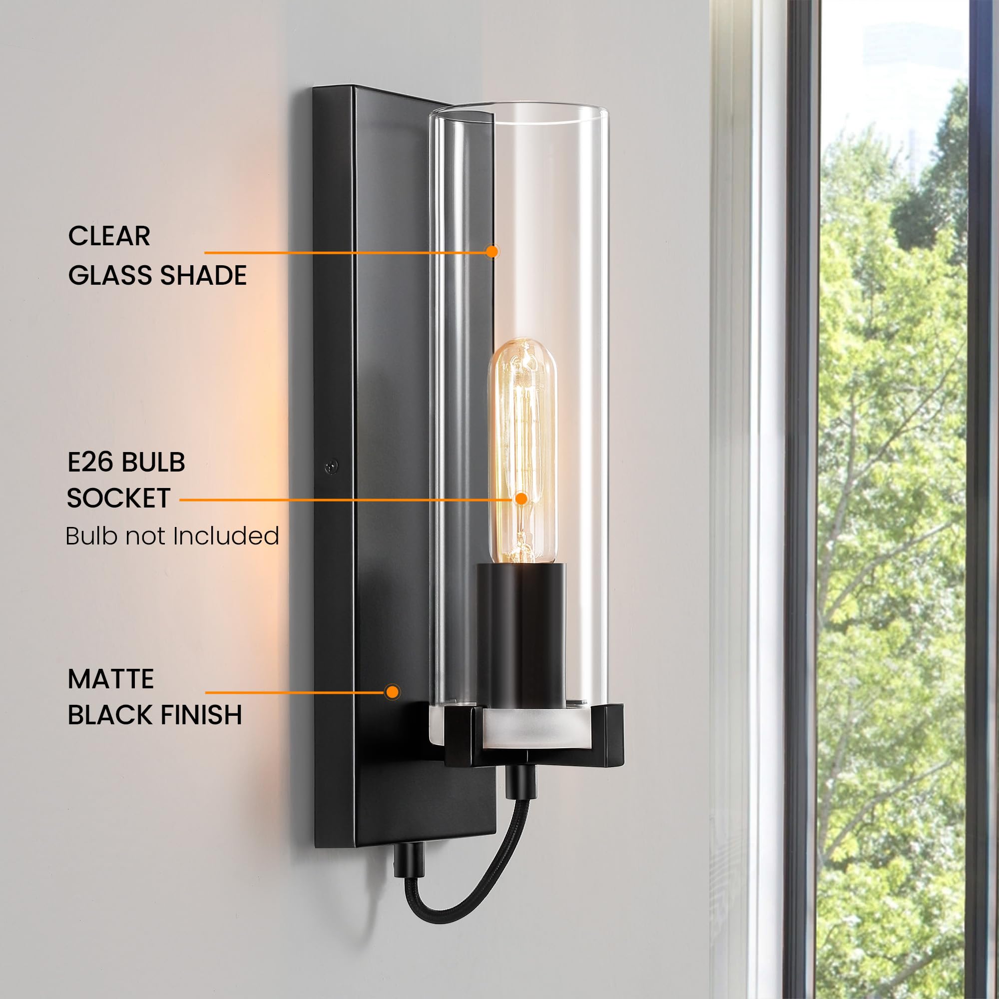 WOSHITU Black Wall Light Fixtures - Modern Wall Sconces W/Clear Cylinder Glass Wall Mount Sconce Bathroom Wall Lights for Living Room Bedroom Hallway