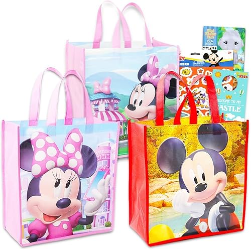 Disney Paquete económico de bolsas de Mickey Mouse Paquete con 3 bolsas reutilizables para fiesta con Mickey y Minnie Mouse con calcomanías y más