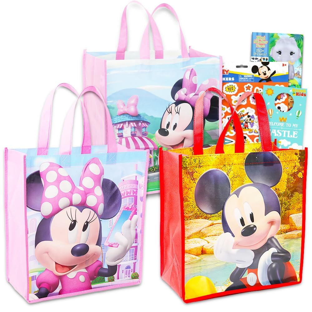 Disney Mickey Mouse Tote Bags Value Pack - Bundle with 3 Reusable Tote Party Bags Featuring Mickey and Minnie Mouse with Stickers and More