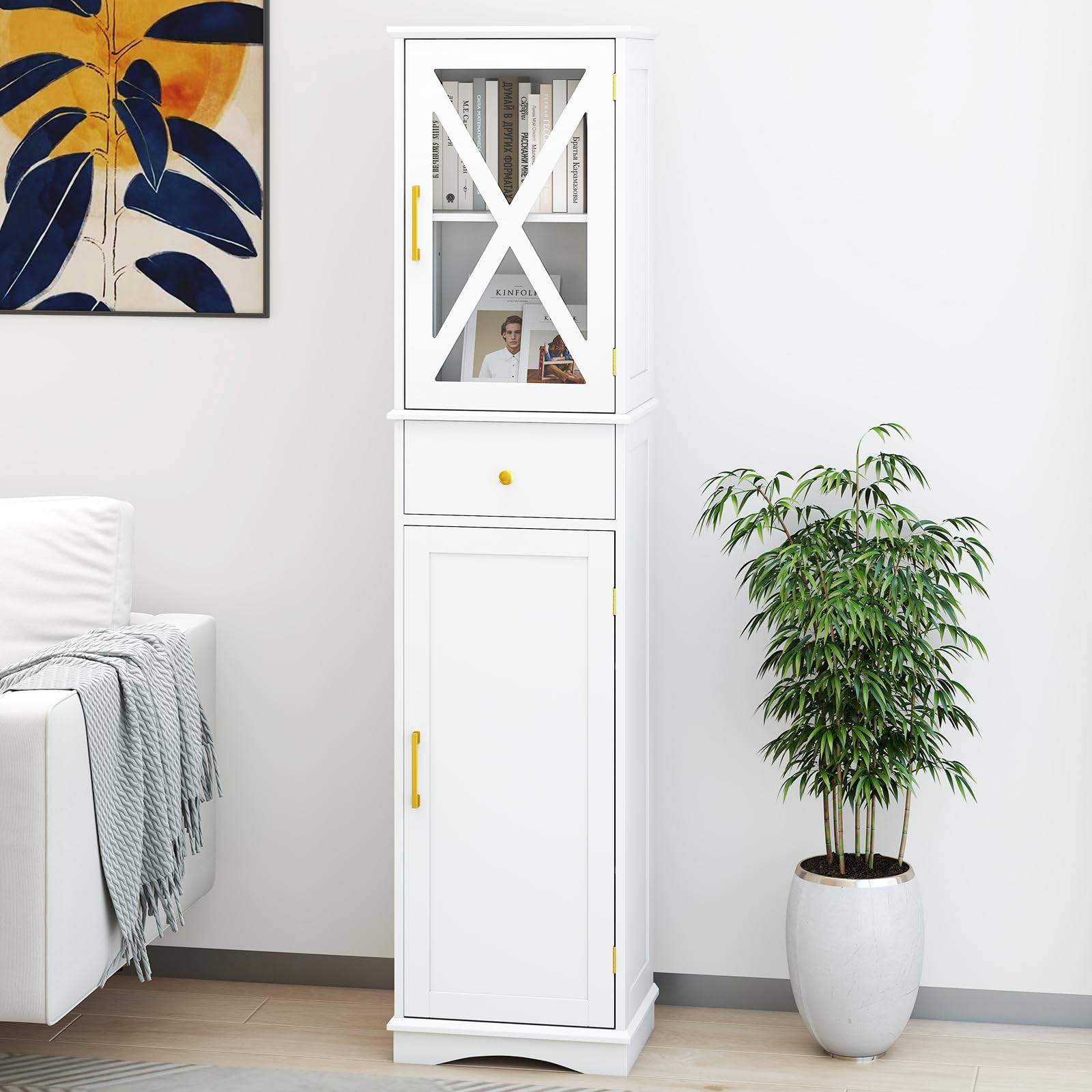 LIFEZEAL Armoire Haute autoportante avec 2 tiroirs et Portes, Armoire de Salle de Bain étroite avec étagère réglable, Meuble de Sol pour Salle de Bain, Salon, Cuisine, 40 x 30 x 168 cm (Blanc)