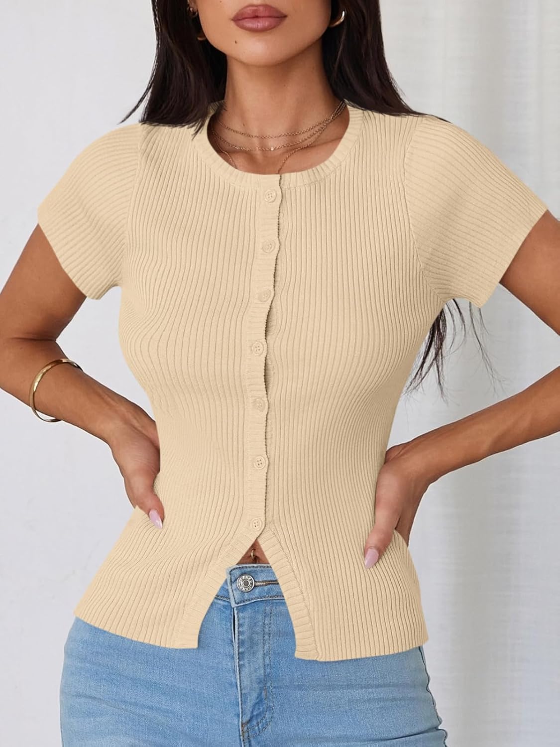 Imily Bela Womens Short Sleeve Sweater Tops Summer Button Down Casual Ribbed Knit Slim Fit Cropped Cardigan Shirts - Image 7