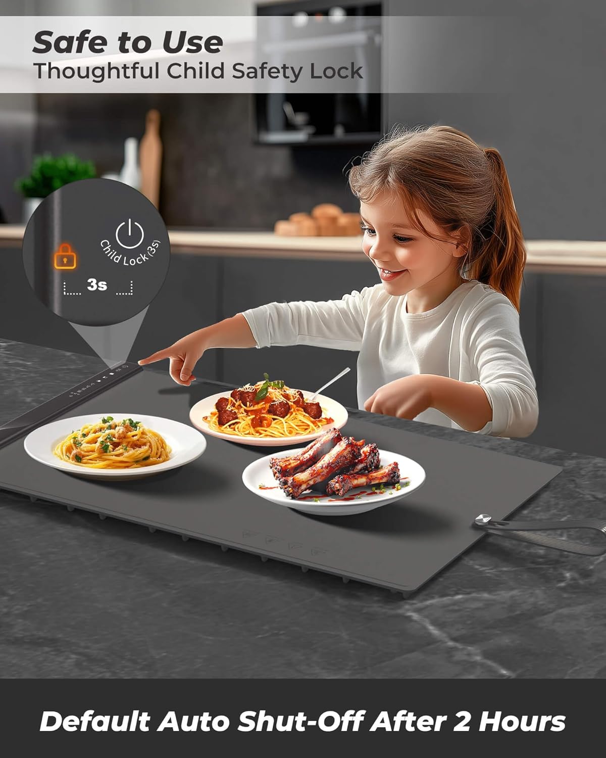 Food Warming Mat with Dual Heating Zones, 4 Temp Settings, Silicone Easy-Clean, Auto Shut-Off, Timer, Child Lock, Portable for Buffet, Party & Travel, 350W, 120V(AC), (Gray, Large)