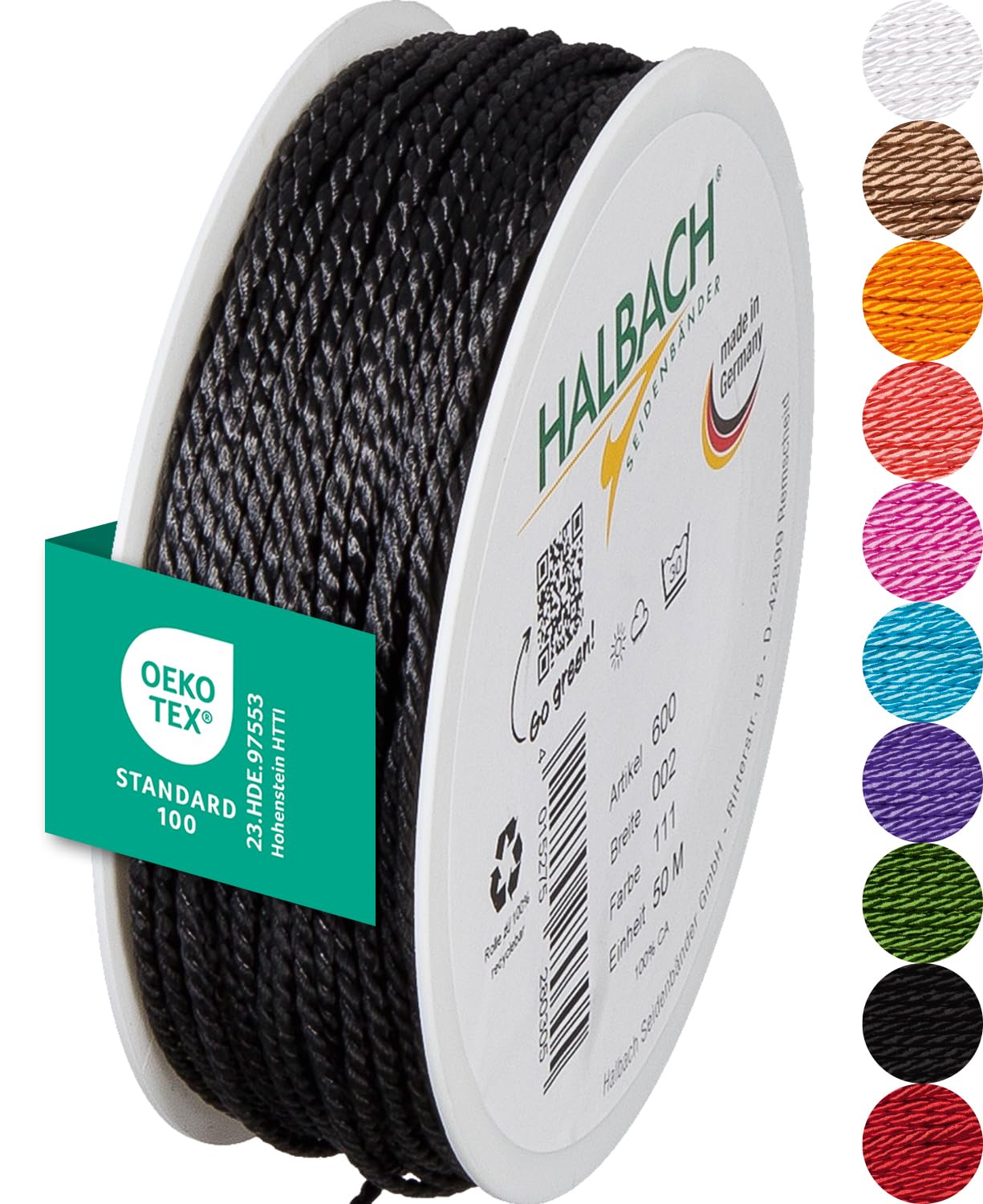 Halbach Seidenbänder Premium Kordel (anthrazit) | Breite 2mm Länge 50m | Made in Germany; Öko-Tex Zertifiziert | glänzende Satinkordel aus Acetat