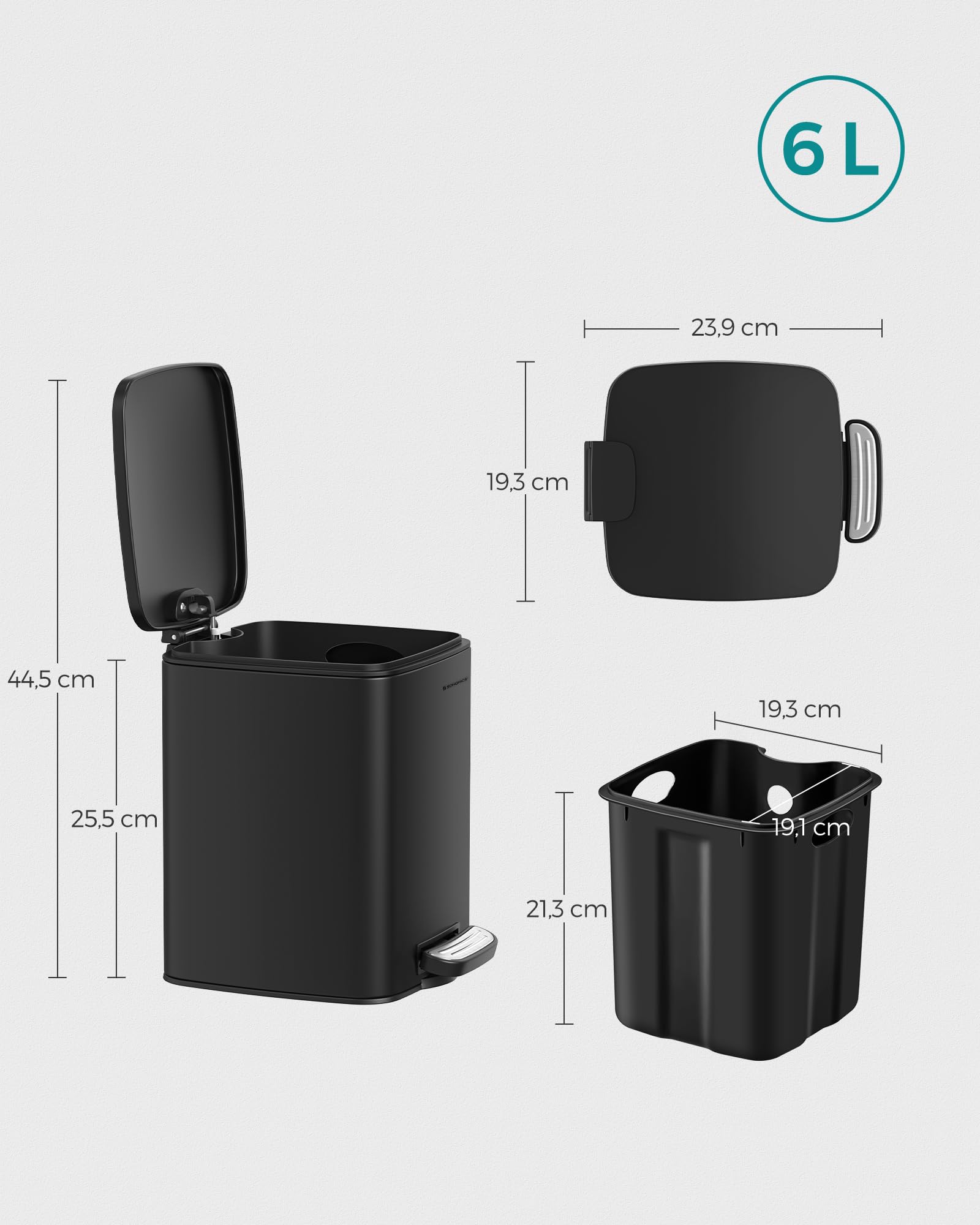 SONGMICS Cubo de Basura de Baño, 6 L Cubo Basura Compacta, con Pedal, para Espacios Pequeños, con Tapa de Cierre Suave, Acero, Negro LTB590B0602