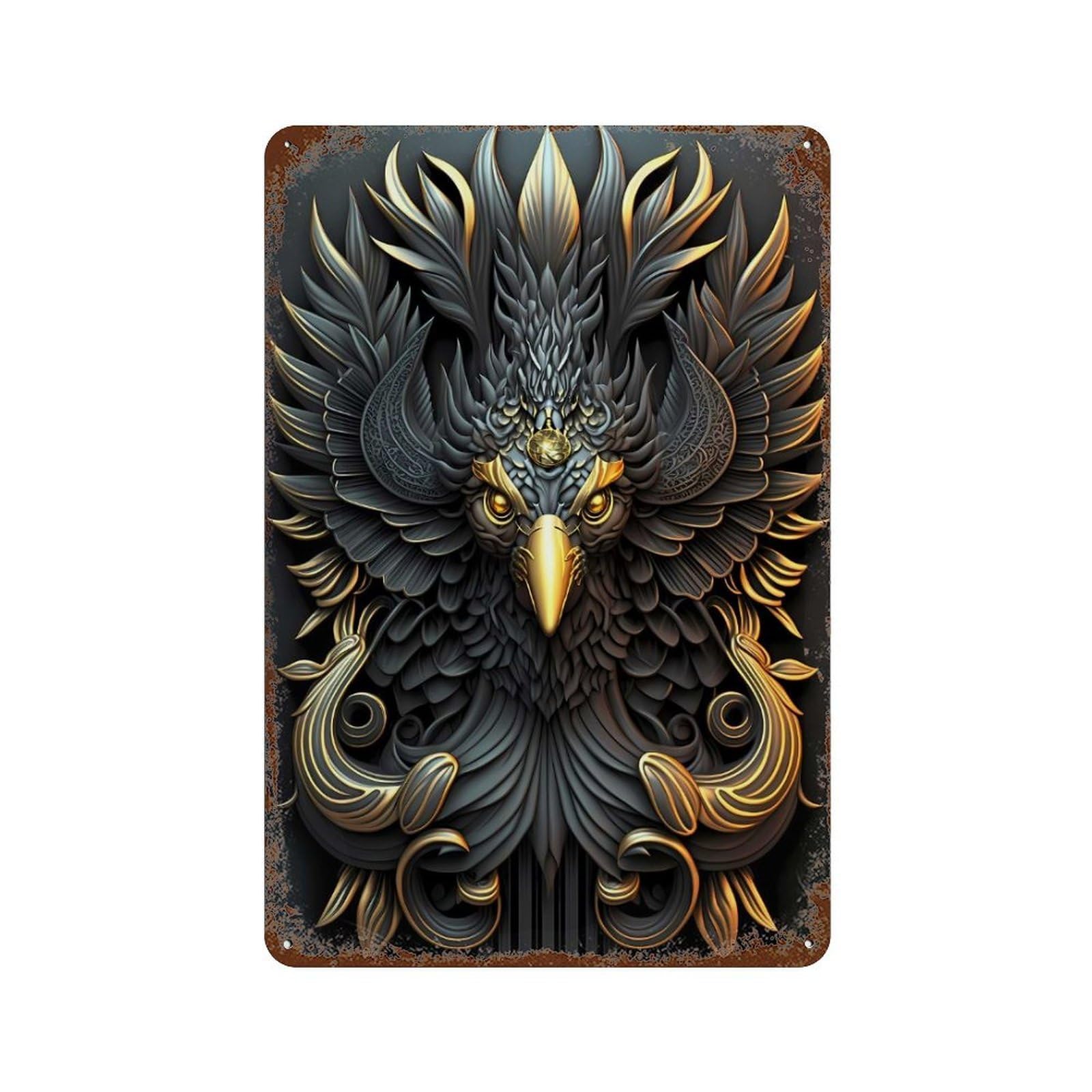 Golden King Phoenix Weathered Tin Sign 11.8"x7.9", Classic Wall Plaque for Garage, Bar And Workshop Decor
