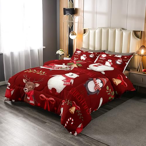 Erosebridal Juego de edredón de dibujos animados con ciervos y ciervos, juego de ropa de cama para niños, pingüino, muñeco de nieve, plumón de