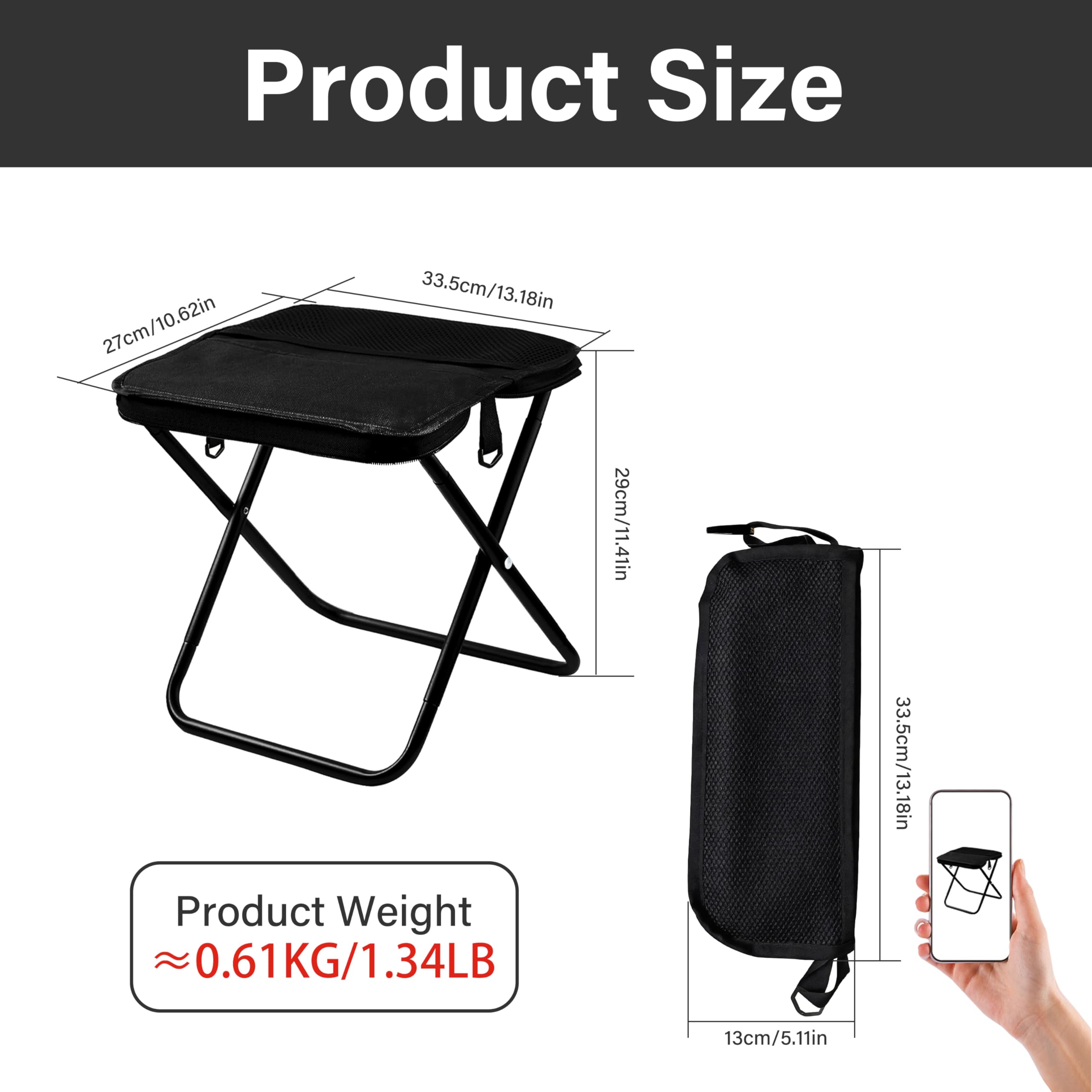 Foldable Stool Portable with Adjustable Shoulder Strap & Storage Mesh Bag. Collapsible Stool for Outdoor, Travel, Camping, Fishing, and Instant Seating Anywhere (Black,Large) — view 3