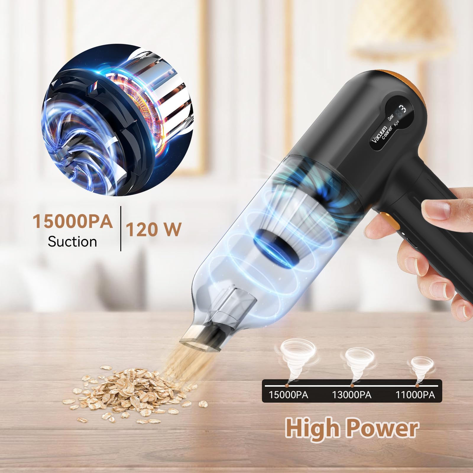 Tiazhan Aspirapolvere manuale, 15000 Pa, potente aspirapolvere a mano, 4 in 1, leggero soffiatore di polvere e aspirapolvere, display a LED, mini aspirapolvere ricaricabile USB, per auto (Nero)