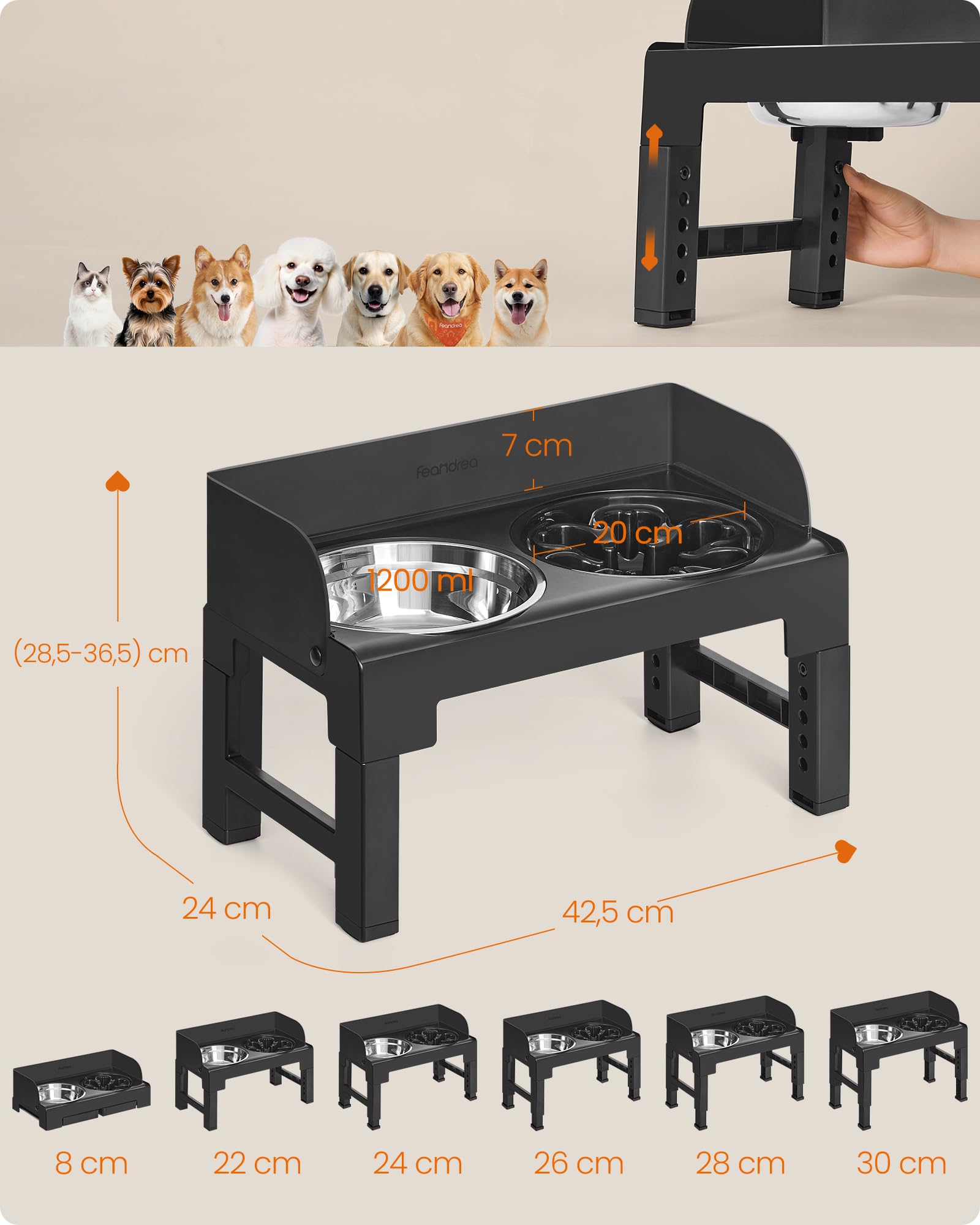 Feandrea Bandeja para perros elevada, bandeja de alimentación con soporte, estación de alimentación ajustable e inclinable de altura, 2 bandejas de acero inoxidable 304, 1 bandeja para una comida