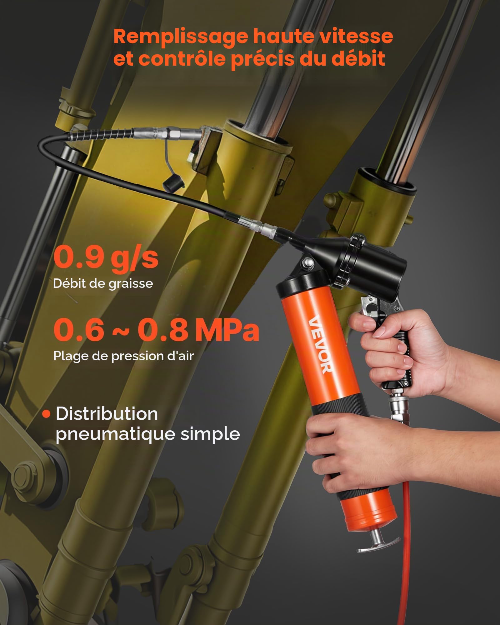 VEVOR Pistolet à Graisse Pneumatique 413 bar Pistolet Graisseur à Une Main Capacité 0,4 L pour Machines Automobiles Agricoles Industrielles, Tuyau Flexible 45,7 cm Tube Extension Rigide 2 Buses Plates