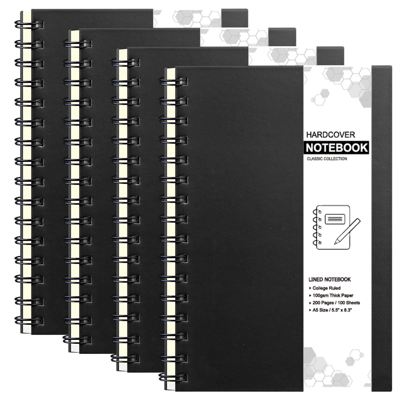 Coopay 4 Stück A5 Hardcover Spiralnotizbuch College Liniert Notizbücher Tagebuch Planer liniert Notizbuch mit herausnehmbaren Trennwänden für Schule Büro Business Supplies 21,1 x 14 cm (schwarz)