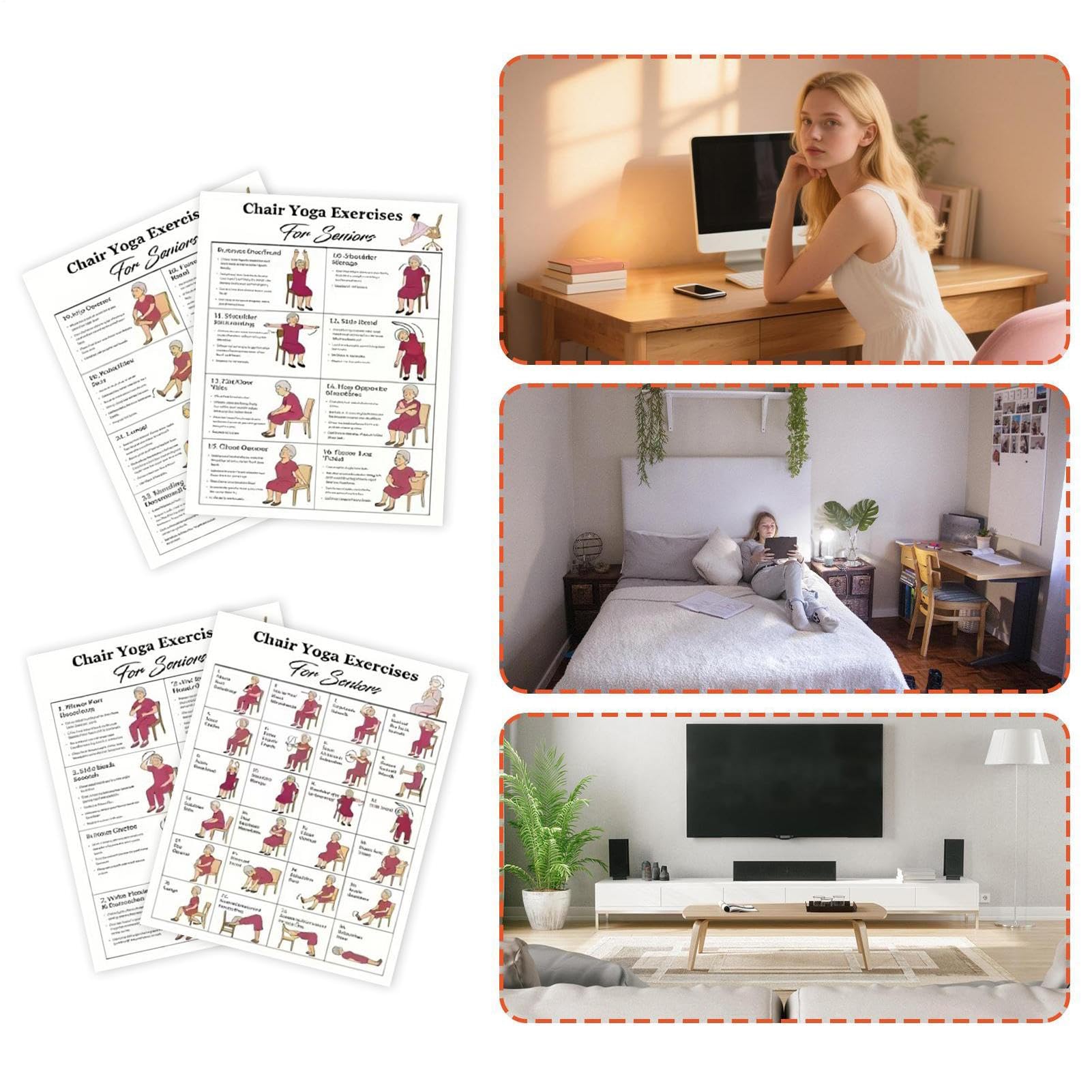 Poster de yoga sur chaise, routines organisées, 5 défis de 30 jours, tableaux d'exercices laminés doux assis, affiche d'entraînement de yoga, affichage polyvalent, pour personnes âgées et
