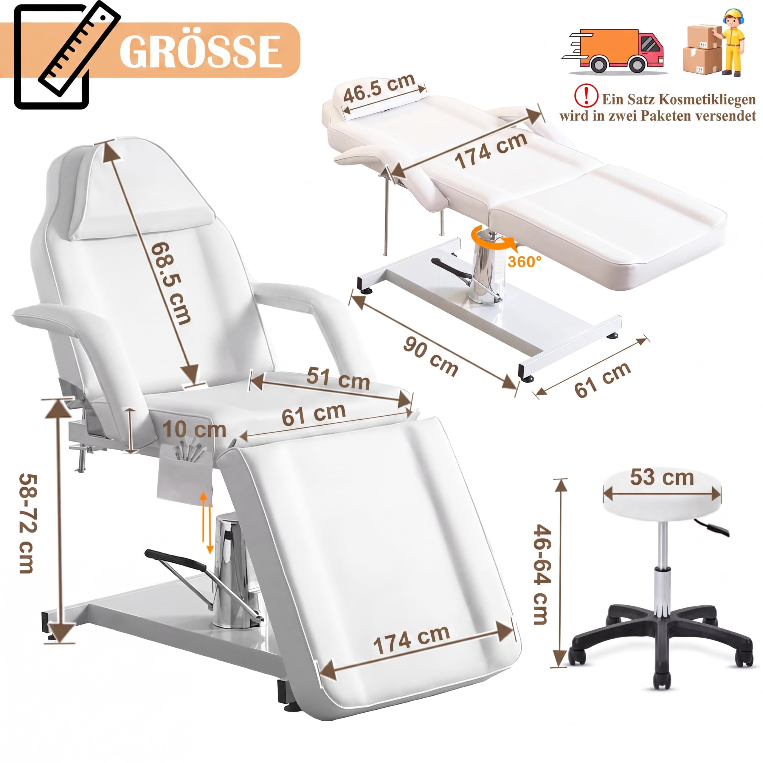 360° Drehbare Professionelle Hydraulisch Kosmetikliege Mit Hocker Verstellbare Massageliege Mit Abnehmbaren Armlehnen & Kopfstütze – Tattooliege Set Für Spa, Tattoo, Gesichtspflege (Weiß)