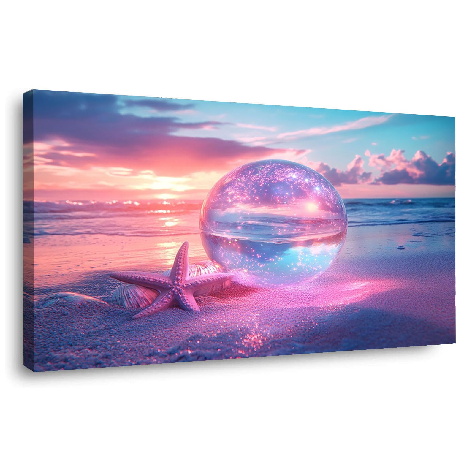 WIKEO Beach Pictures on Canvas Wall Art Purple Sunset Beach Scenery Modern Prints Seaview Landscape Artwork - for Living Room Bedroom Home Office Wall Decoration(Pink 7)-20x40cm Framed