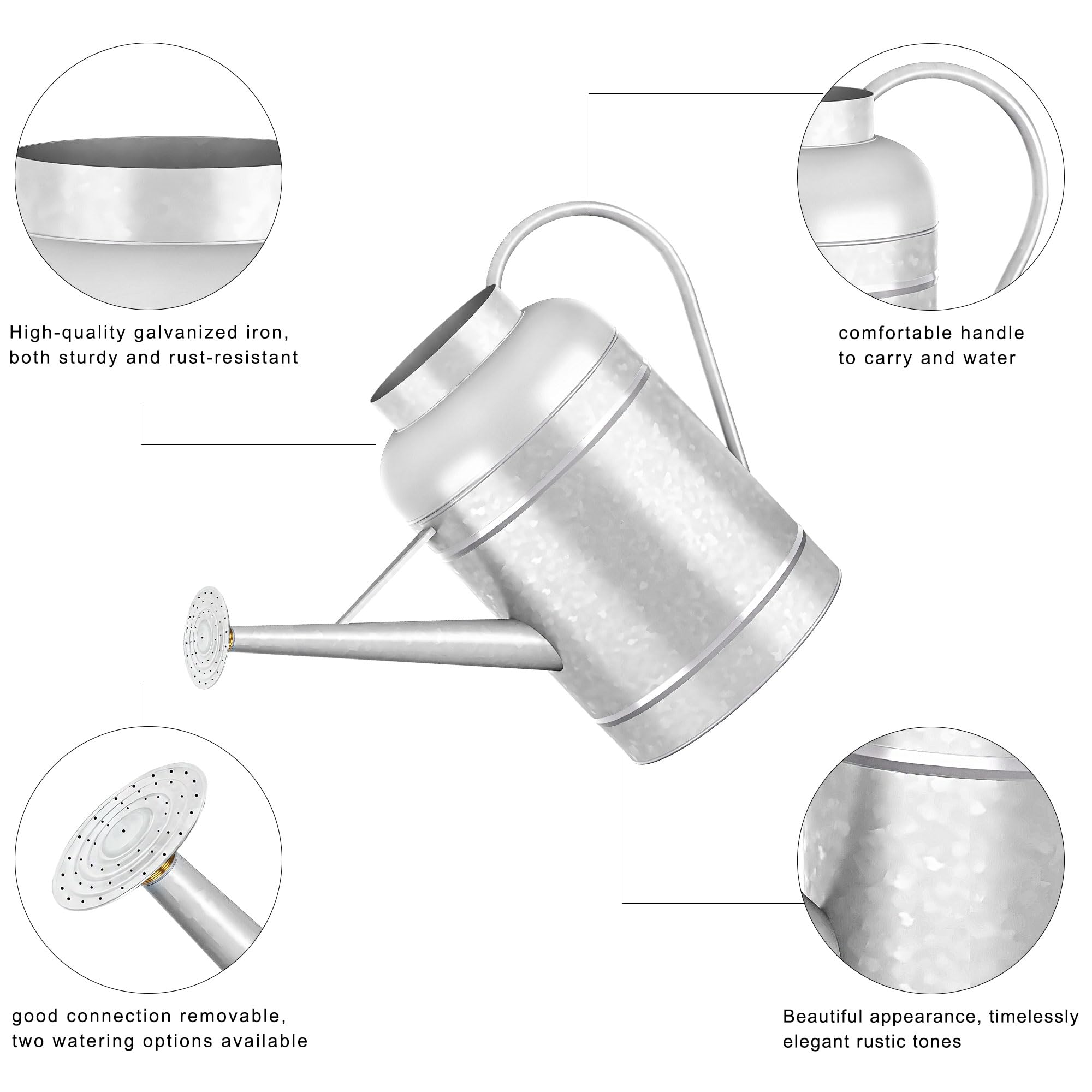 Regadera galvanizada para plantas de interior al aire libre, cuenco de 2,3 galones, jarra de agua con caño extraíble, regadera de metal para plantas de interior y flores de jardín