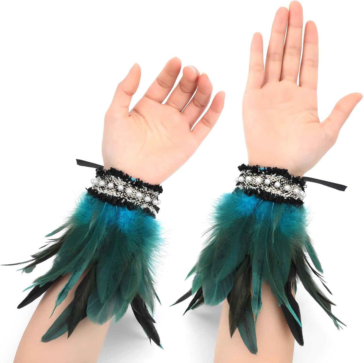 MWOOT Natural Feather Wrist Cuffs for Women Costume Feather Wristband for Mardi Gras Prom Halloween Wrist Bracelets - Image 4