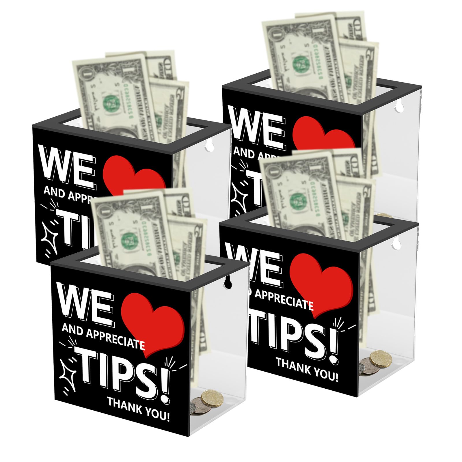 Tarro de punta para camarero, 4 unidades, caja de punta acrílica para sugerencias de dinero, caja de donación de 6 x 4 x 5 pulgadas, caja de colección para restaurante, músicos, conductor, bar