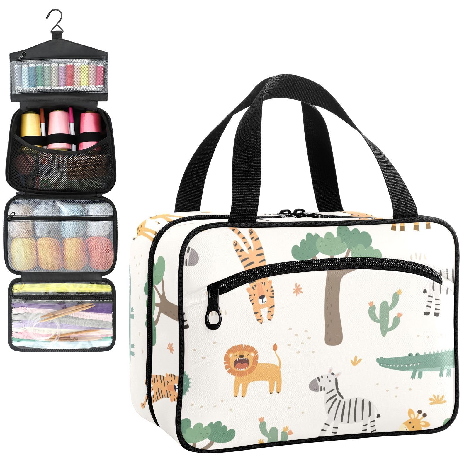 YNNALE Sewing Supply Organizer Bag, Cute Wildlife Animal Portable Sewing Bags with Pockets&Hanger, Sewing Storage Box Case for Sew Supplies/Kit/Tools/Accessories (BAG ONLY)