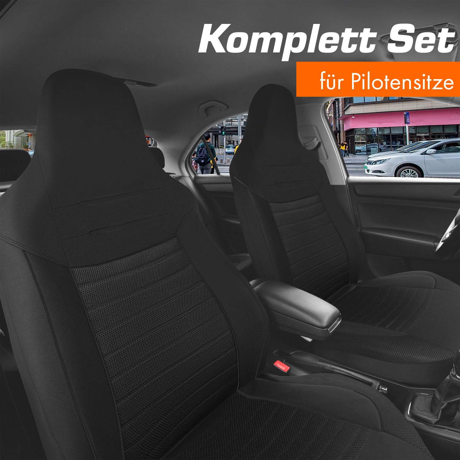 Upgrade4cars Autositzbezüge Set für Pilotensitze | Autositzbezug Komplettset in Schwarz | Autoschonbezüge Universal mit integrierter Kopfstütze | Autozubehör Innenraum Deko