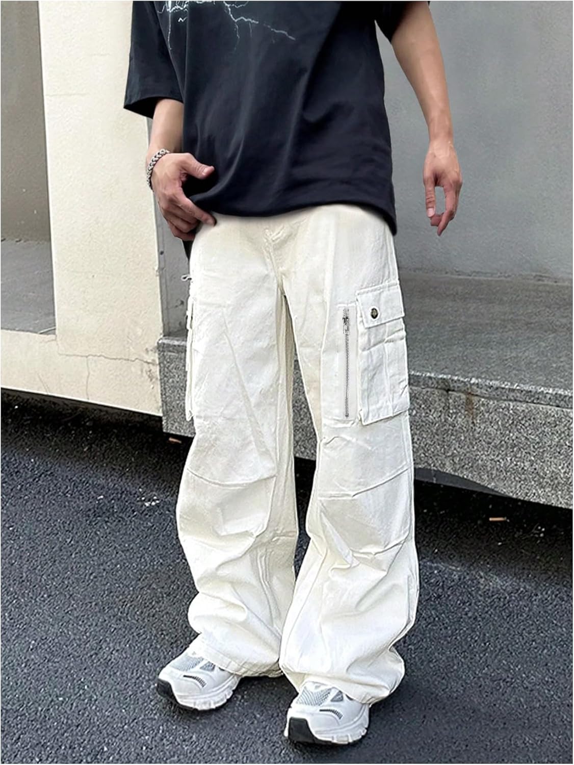 OYOANGLE Men's Wide Leg Cargo Pants Streetwear Drawstring Waist Hip Hop Baggy Track Pants with Pockets - Image 4