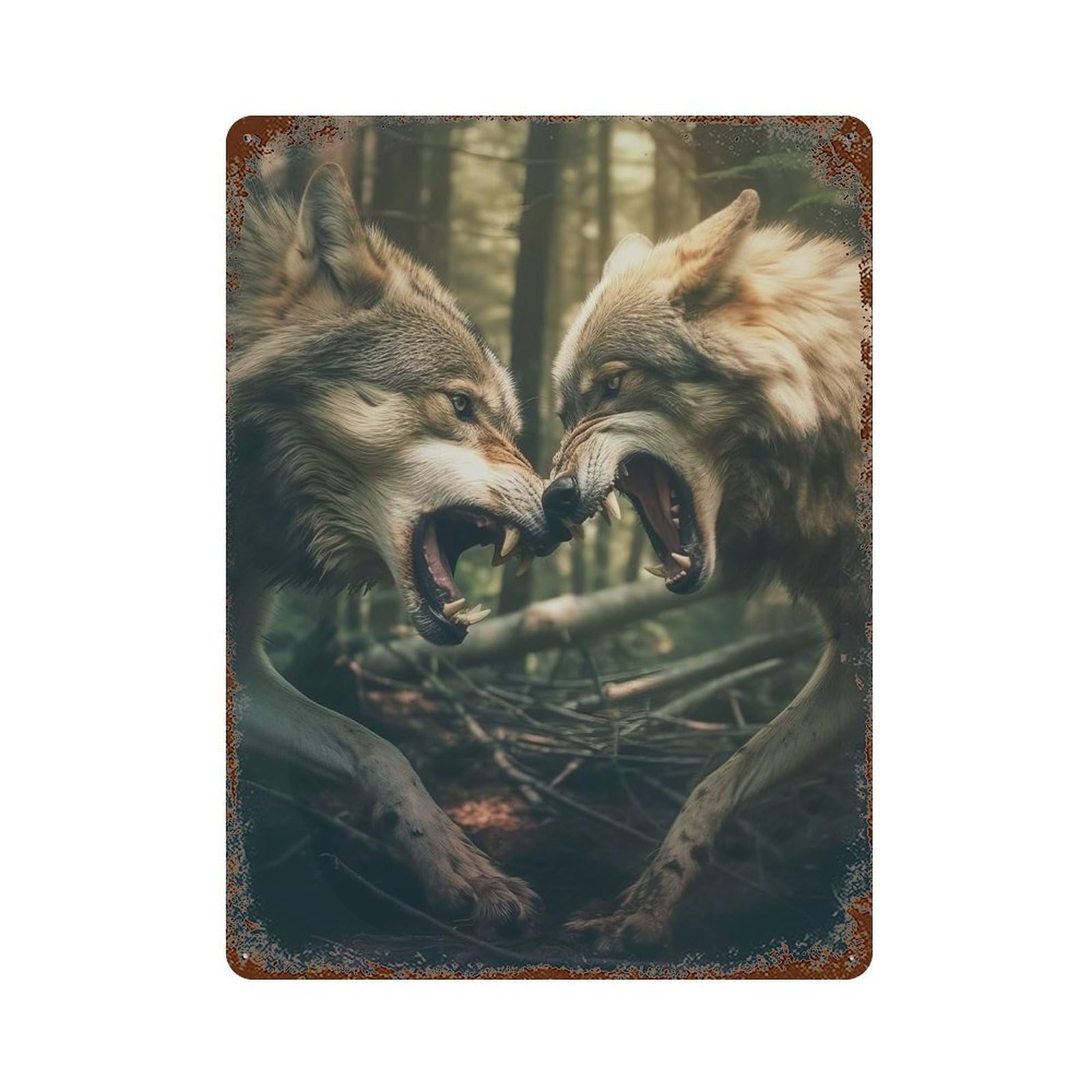 Aged Metal Wall Plaque with Wolfs Fighting Design 15.7"x11.8", for Shed, Workshop And Garage Wall Decor, Decorative Metal Wall Art