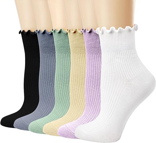 Mcool Mary Women's Ruffle Socks,Casual Cute Ankle Breathable Knit Cotton Soft Frilly Crew Socks for Women 6 Pack