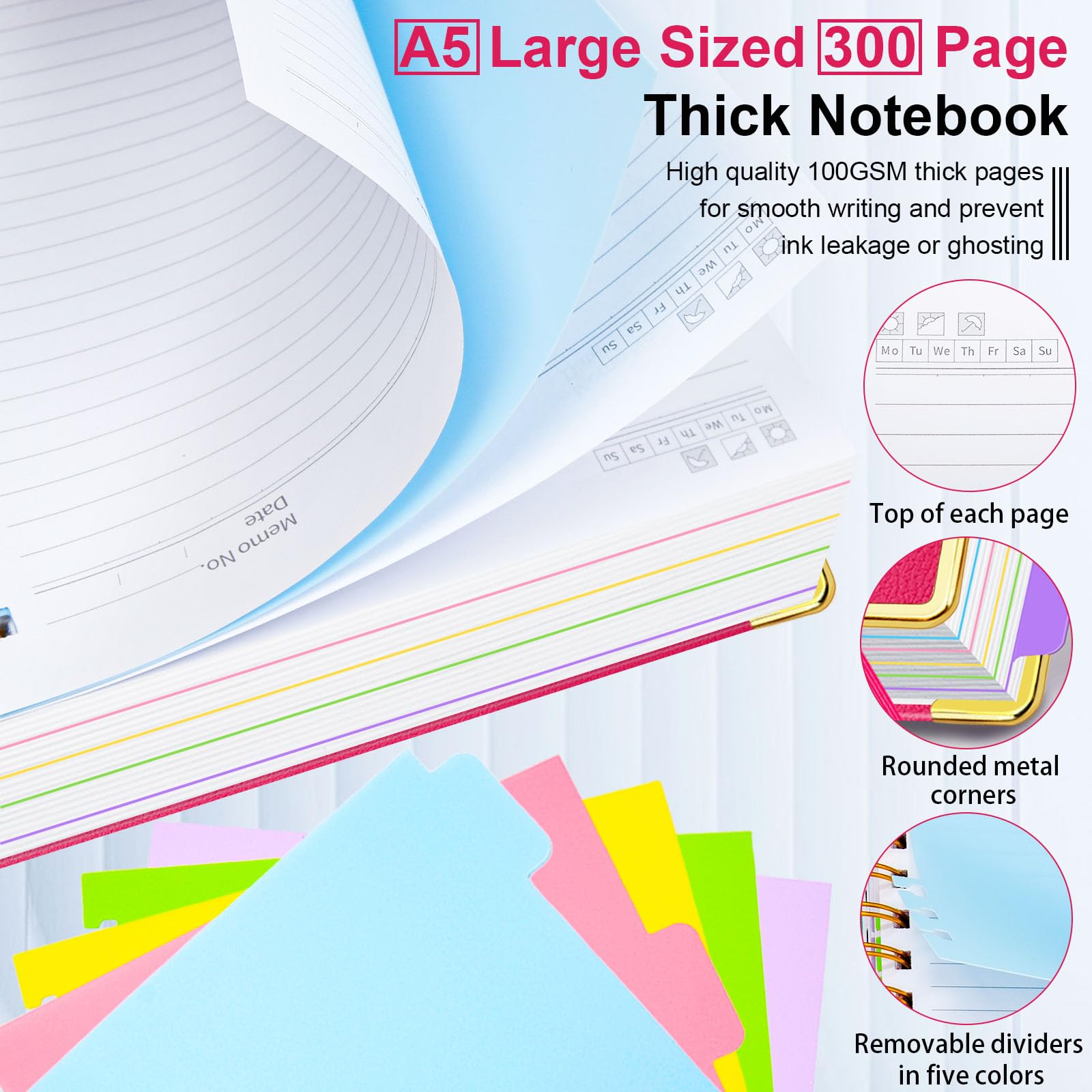 Cuaderno en espiral de tapa dura de 6.2 x 8.2 pulgadas, con pestañas y separadores extraíbles, 300 páginas, cuaderno de 5 asignaturas, cuaderno de rayas universitarias, cuaderno de piel sintética con