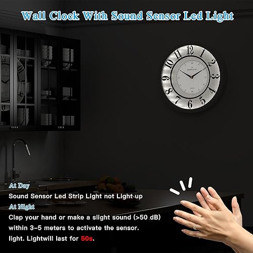 Miniatura 4 de Ddysins Reloj de pared con luz nocturna, relojes iluminados con control de sonido, relojes de pared iluminados silenciosos que funcionan con pilas,