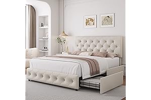 Opulent Queen Bed Frame with Storage and Adjustable Headboard in Cream