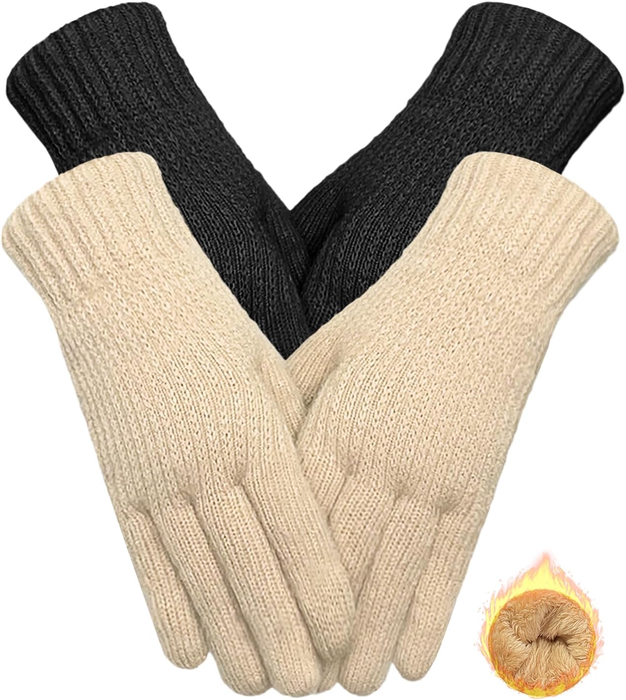Beurlike 2 Pairs Winter Gloves for Women Wool Warm Knit Touchscreen Texting Snow Fleece Thermal Gloves for Cold Weather