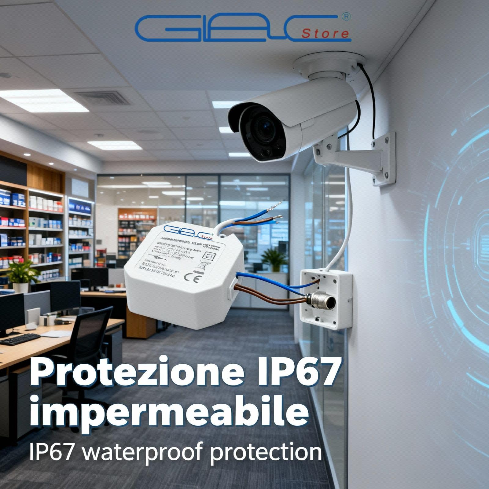 Alimentatore IP67 Impermeabile, Tensione Costante 12V DC, 100-240V AC, Dimensioni 50x50x25mm, Protezione Sovraccarico, Certificato CE (2A-24W)