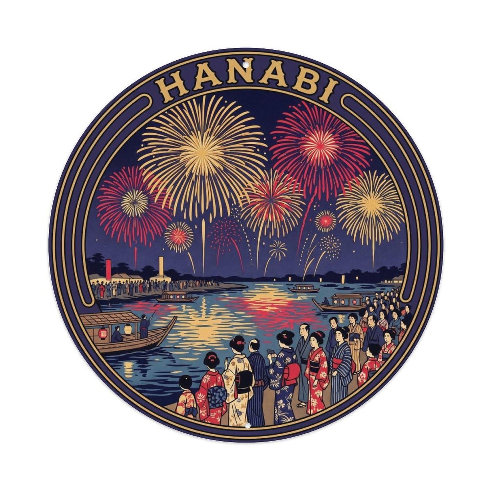 Olyhtr 8X8inch Classic Style Hanabi Fireworks Woodblock Indigo Gold Japan Metal Tin Sign