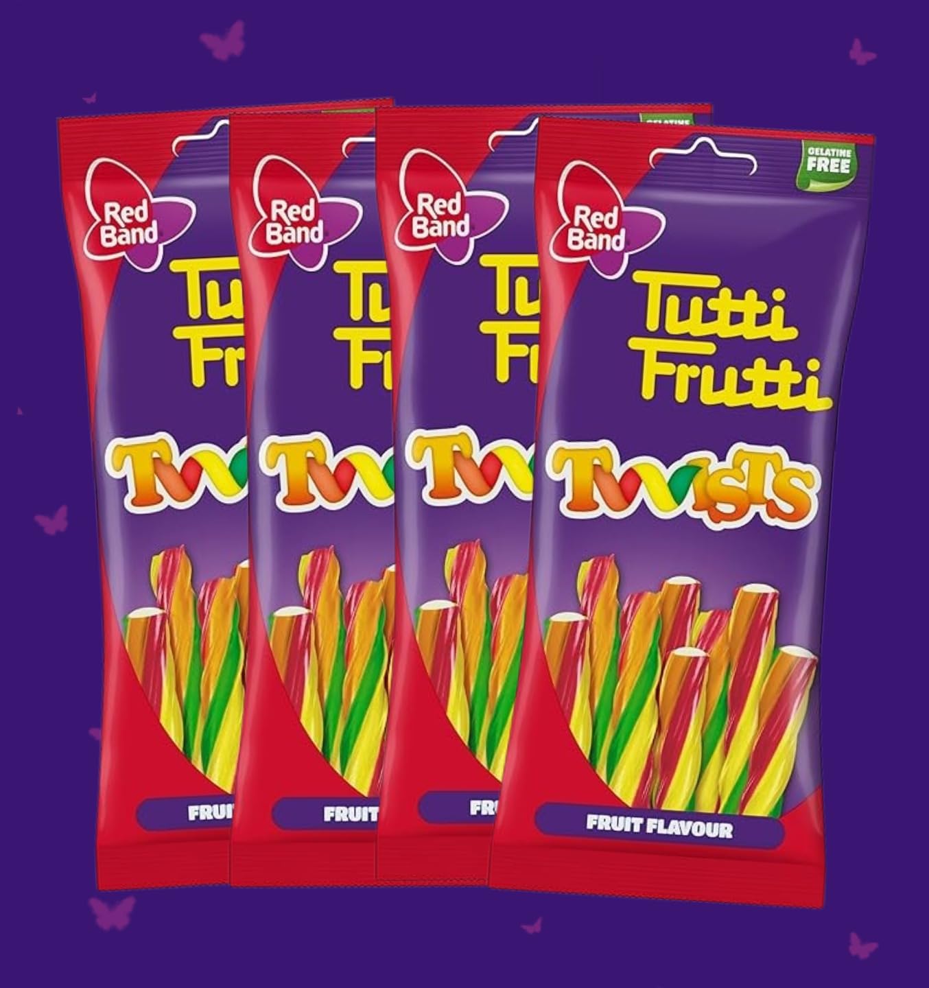 Red Band Tutti Frutti Long Twists Soft Chewy Candy with Apple Juice Concentrate| Fruit Flavour | Centre Filled | 100% Veg | Gelatine Free | Imported from Neitherlands - 100g (Pack of 4)