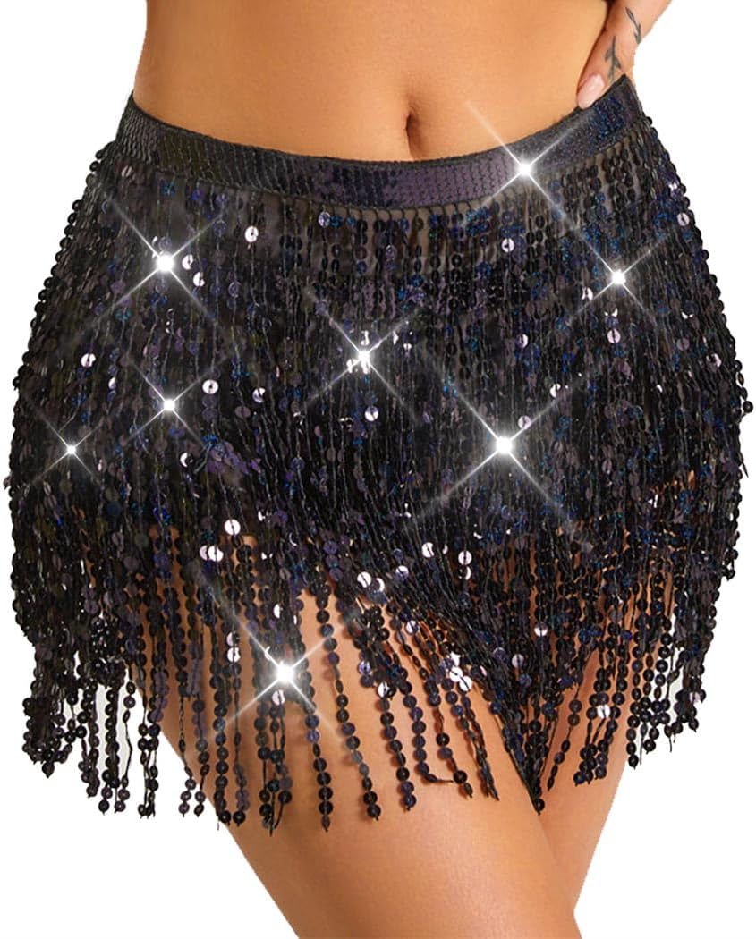TWINKLEDE Mardi Gras Skirt Sequin Fringe Belly Dance Hip Scarf Skirts Rave Party Outfits for Women