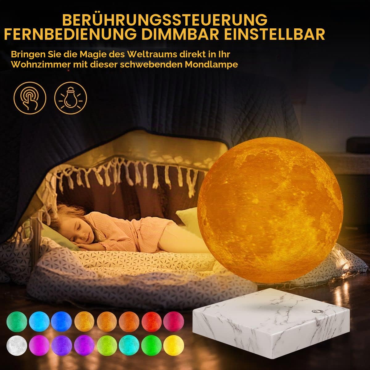 Magnetische schwebende und sich drehende Mondlampe, schwebende 3D-Mond-Licht-Lampen, 16 Farben LED-Mond-Nachtlichter für Raumdekoration, coole Geschenke für Kinder, Eltern, Freunde