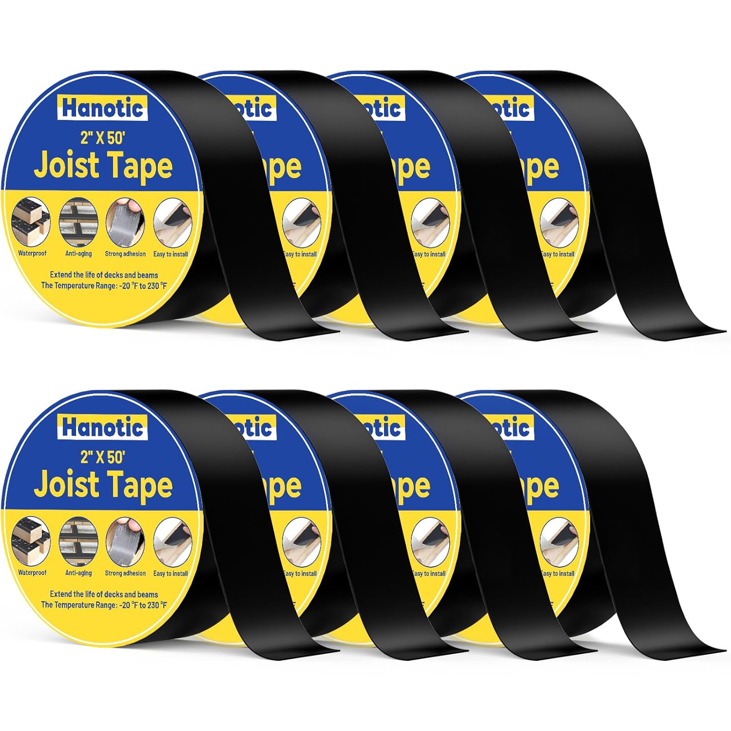 Joist Tape for Decking 2" x 50', 8 Rolls Weatherproof Butyl Sealant Tape - Waterproof and Anti-Corrosion for Extend Deck Life for Wood Joists Beams Roof Rv