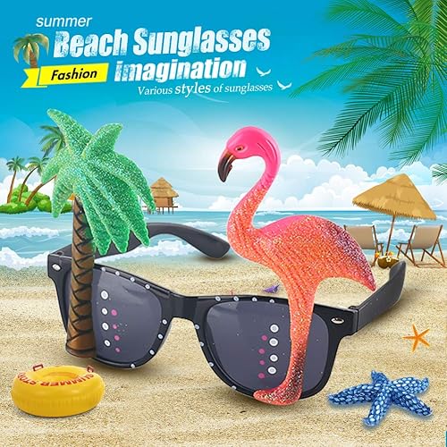 Vista 3 de POPLAY 4 pares de gafas de sol Luau para fiesta, divertidas gafas de sol tropicales hawaianas, flamenco, coco, piña, guacamayo, playa, accesorios