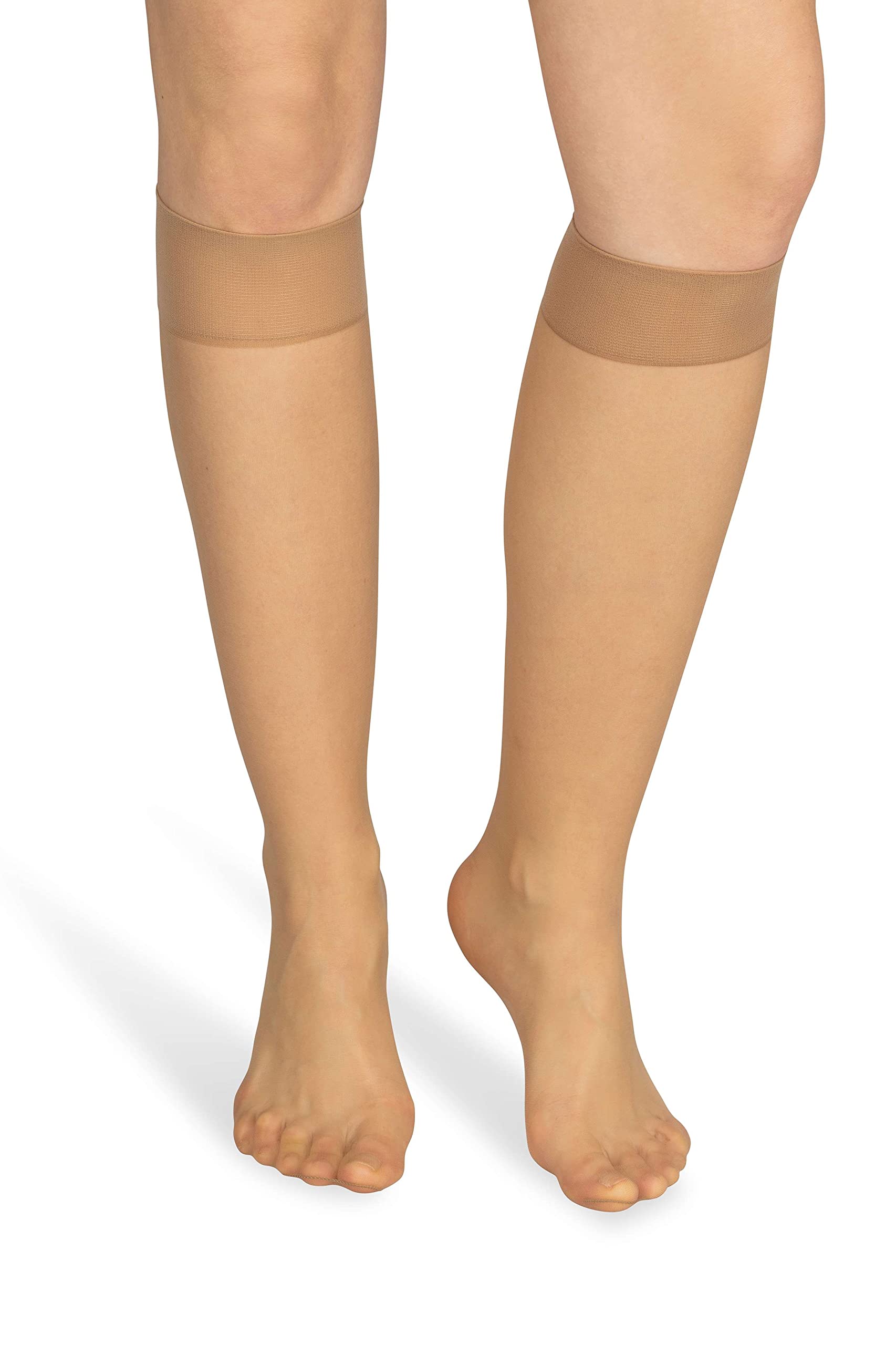 NOQ Women Socks Ladies Knee-highs Plain Nude Shades 10 DEN Microfiber Semi-Matte Classic with Comfort Top One Size Two Pairs Sabia, Golden