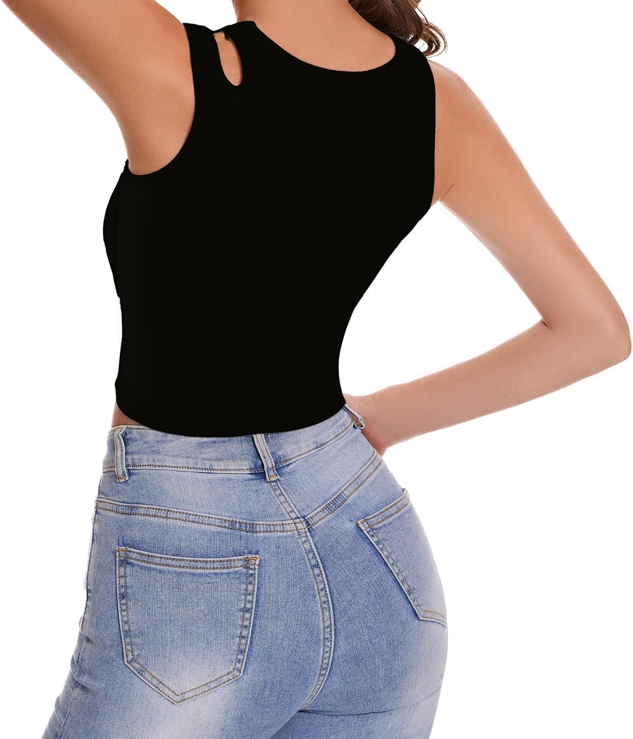 Womens Sleeveless Ribbed Tank Top Asymmetrical Shoulder Scoop Neck Casual Basic Fitted Crop Top - Image 2
