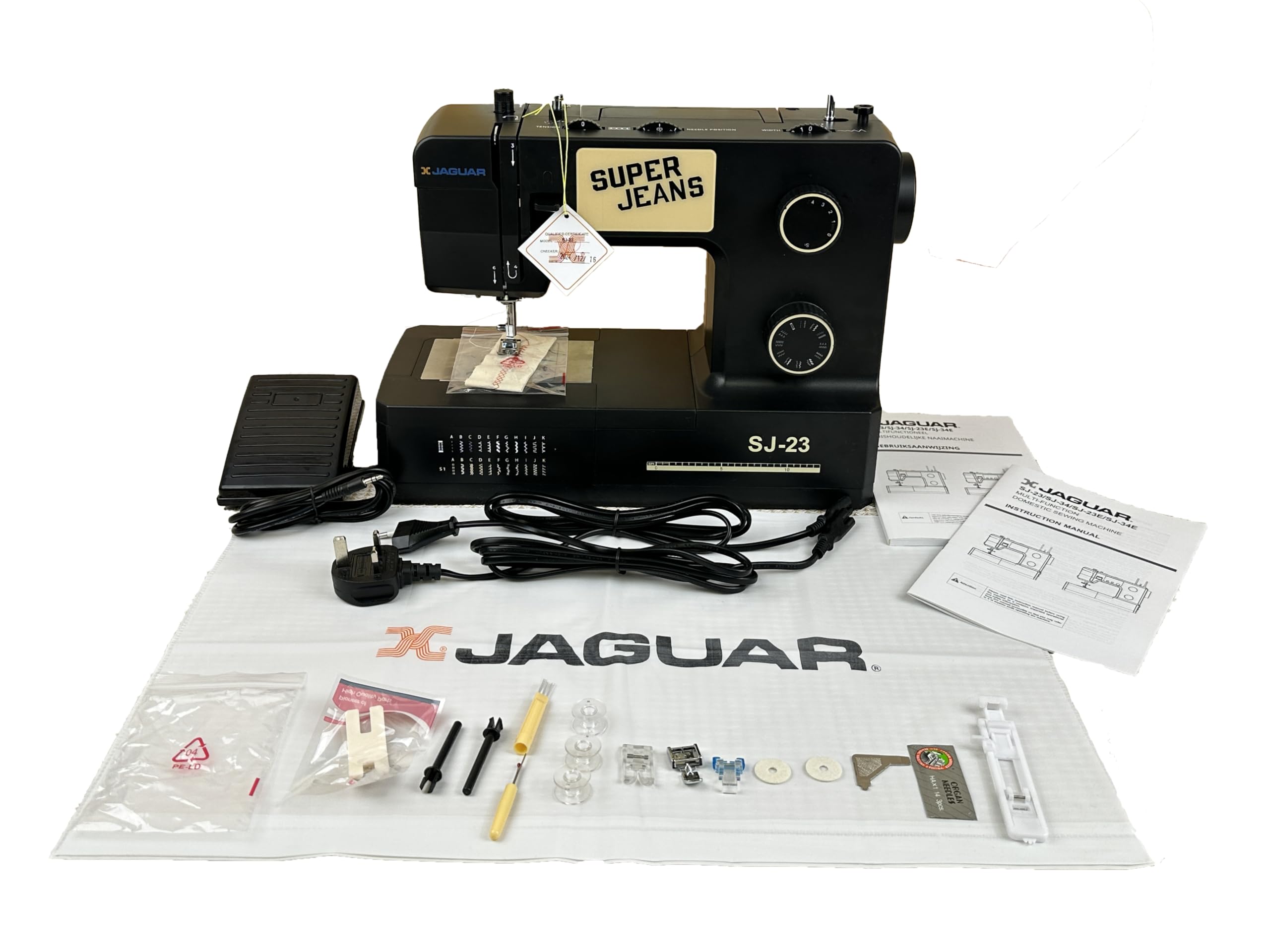 Jaguar SJ-23 Super Jeans Series | Machine à coudre électrique robuste | 23 points intégrés | Enfilage automatique | Longueur et vitesse de point réglables | Éclairage LED | Parfaite pour débutants et