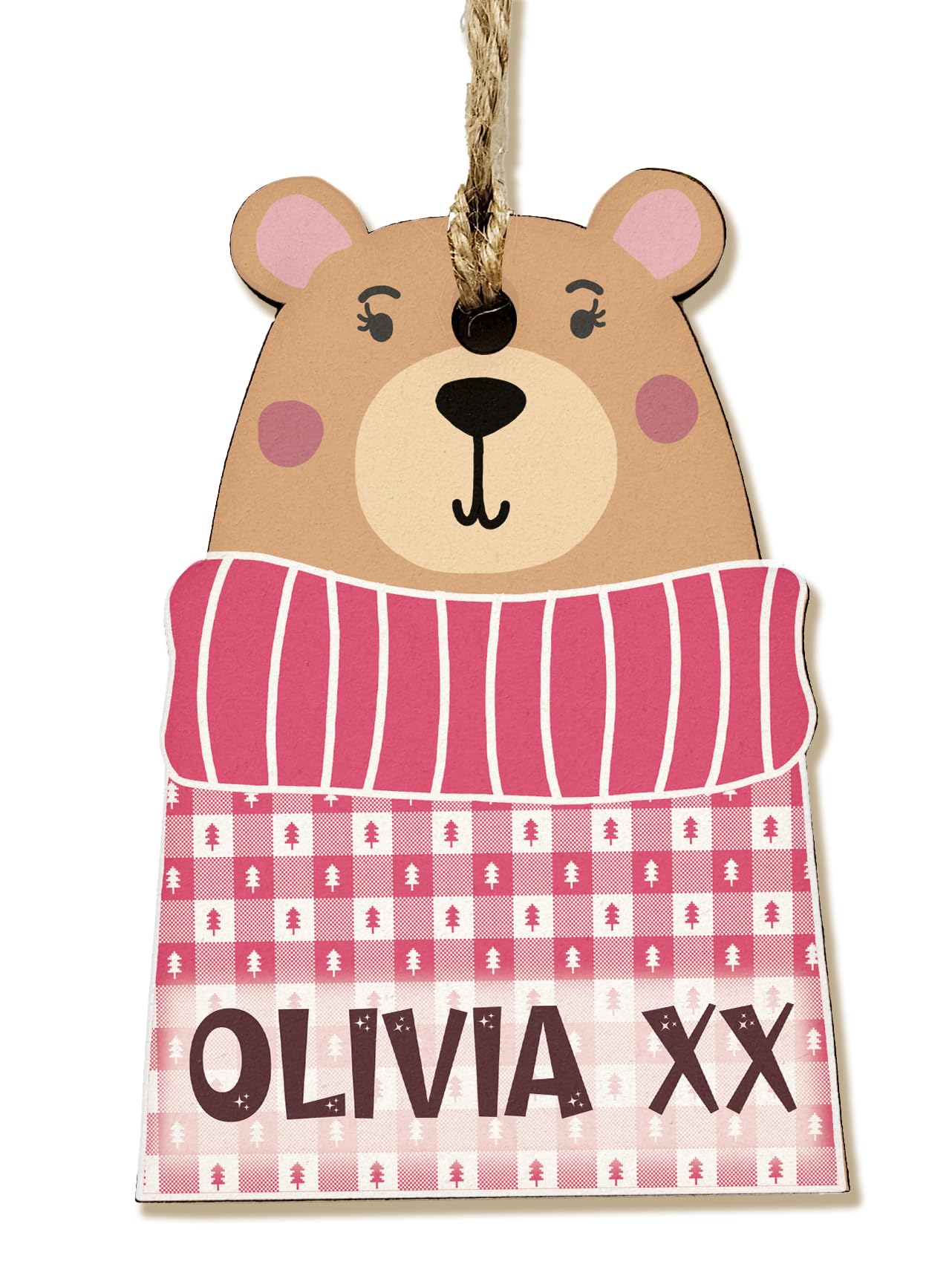 The Plum Penguin Personalised Winter Bear Shaped Wooden Baubles Customisable MDF Christmas Festive Ornaments (Little Girl Bear #1)