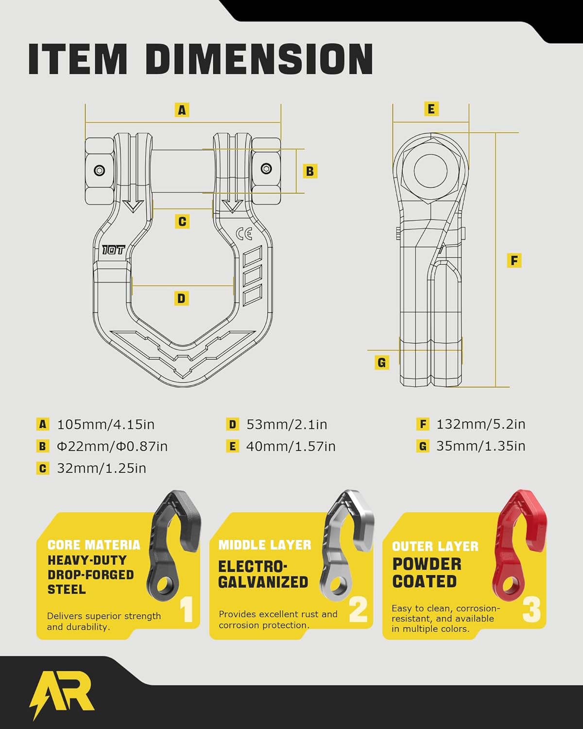 D Ring Shackles, 3/4" Separate Shackles with 7/8" Pin, Heavy Duty Recovery Shackle 57320lbs Break Strength, 4x4 Off-Road Recovery Towing Winch Shackles for Trucks, Red Black 2-Pack - Image 5