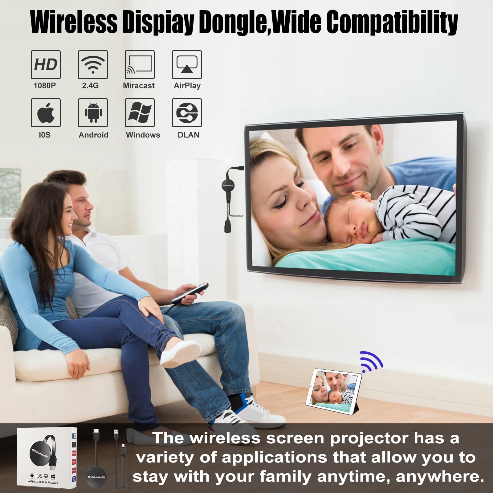 4K Wireless HDMI Dongle, Miracast Dongle mit Screen Mirror, Hdmi Wireless Cast für i-Phone/i-Pad/Android/iOS zu TV/Monitor/Projektor, Unterstützt Miracast, DLNA, Airplay(Matt Schwarz)