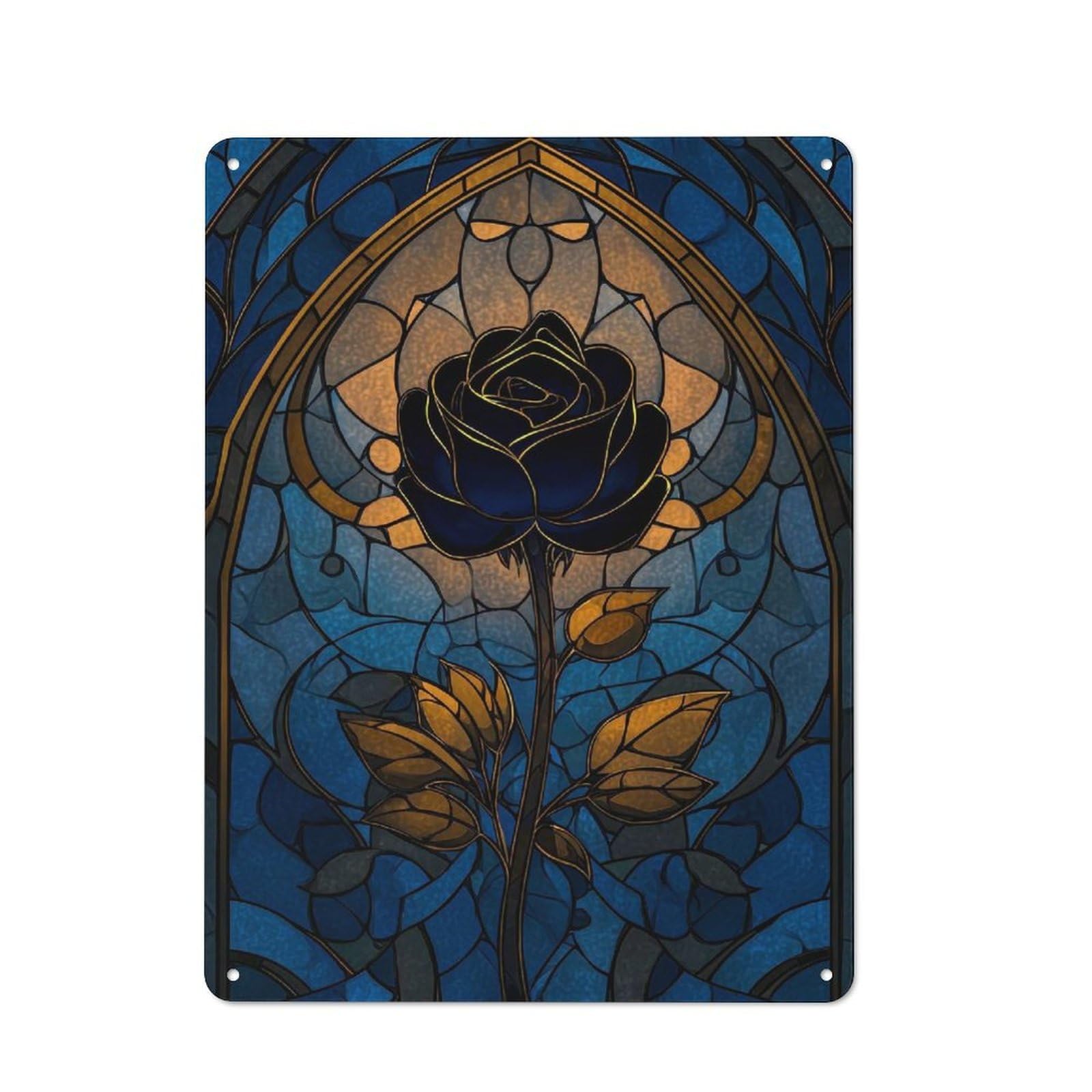 Junmoney Style-14 Stained Glass Rose Window Retro Metal Wall Decor 40X30cm, Retro Metal Sign For Garage, Hobby Room, Office Or Man Cave