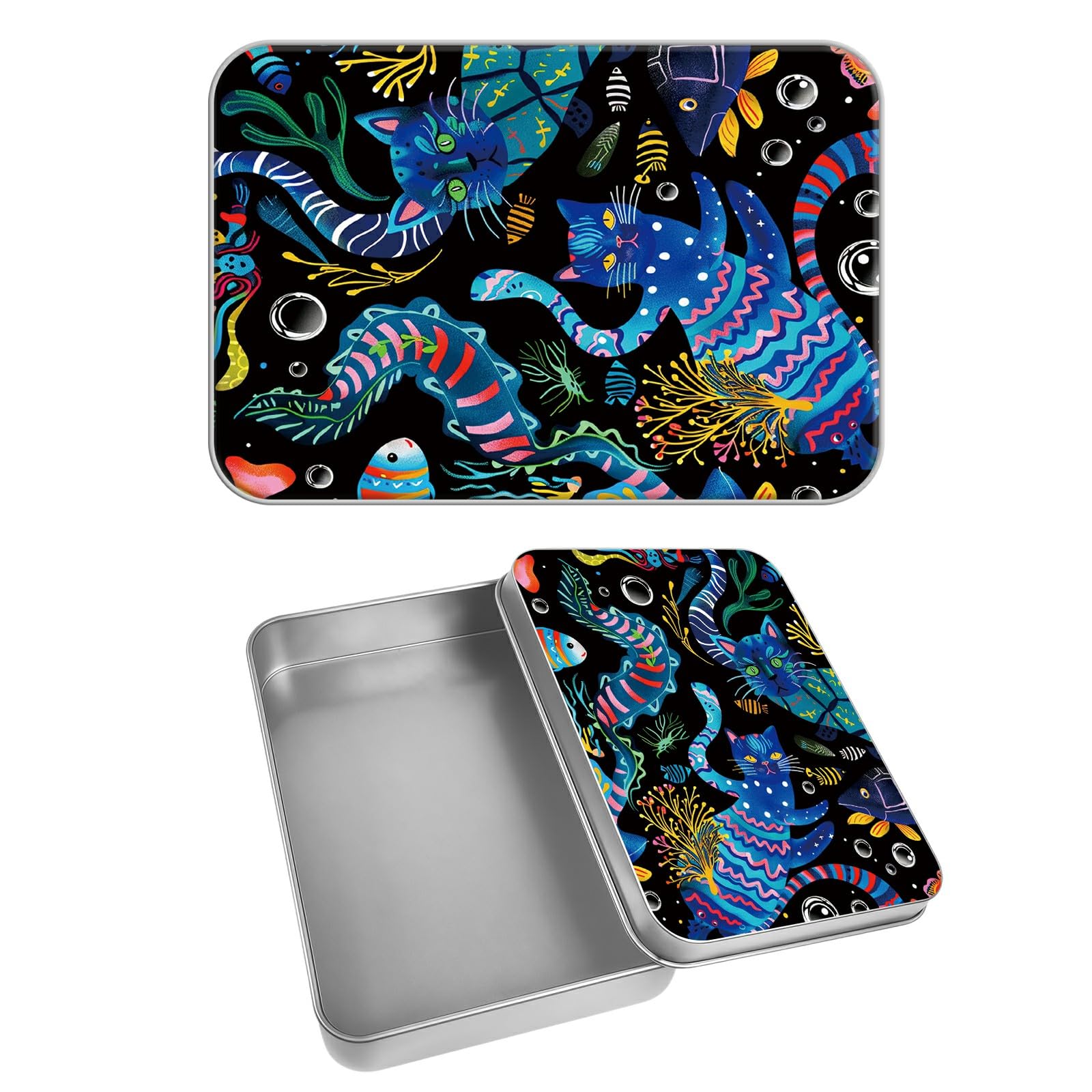 Rectangular Metal Tin Box with Removable Lid, Demonic Cat Decorative Printed Metal Storage Container for Cards, Diaries, Home Organization 4.53 x 3.35 x 0.86 inch– Single Pack