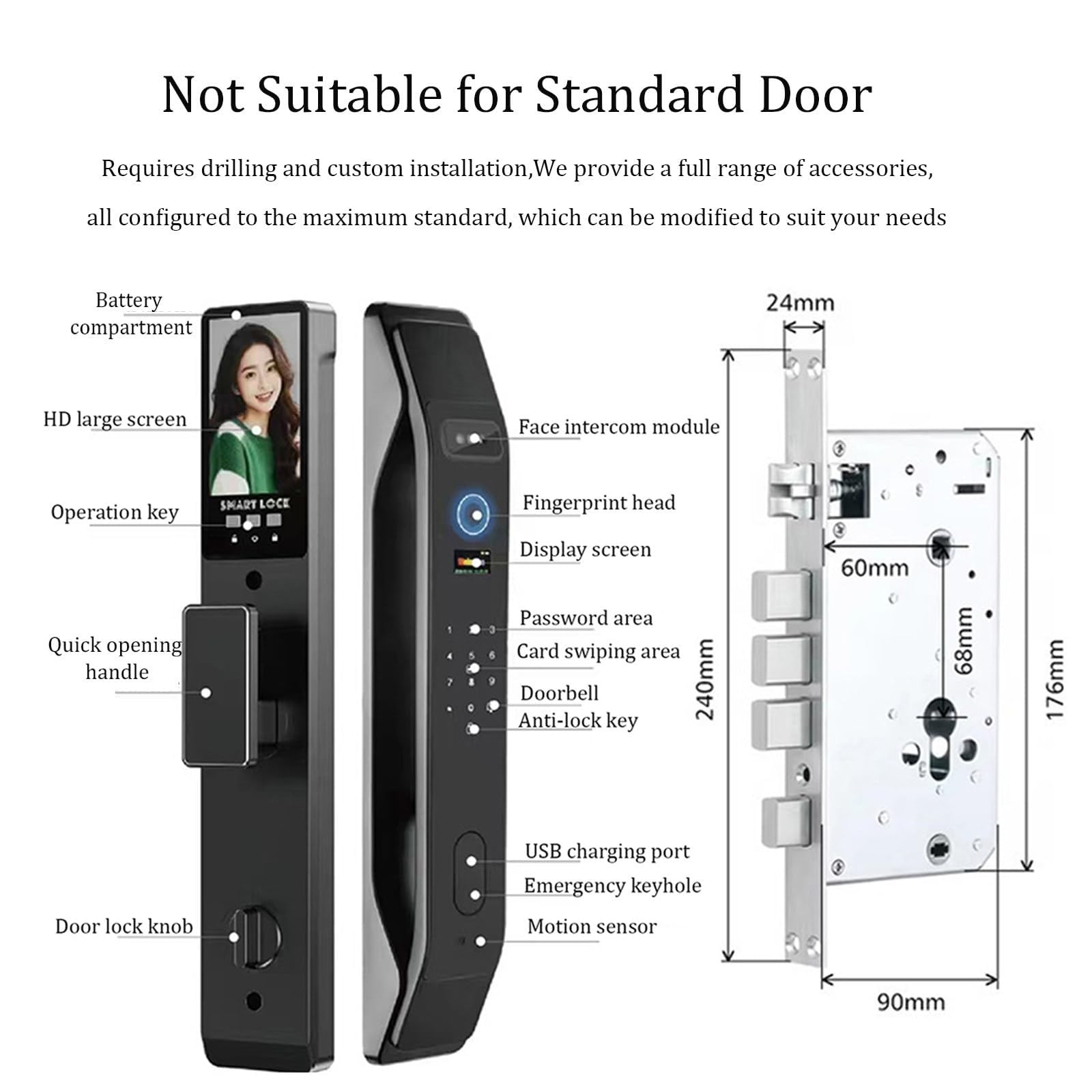 Cerradura Inteligente Con Video Y Cámara, Cerradura De Puerta Inteligente Con Reconocimiento Facials 3D, WiFi Integrado, Timbre Con Video, Control Por Aplicación, Compatible Con 8 Idiomas
