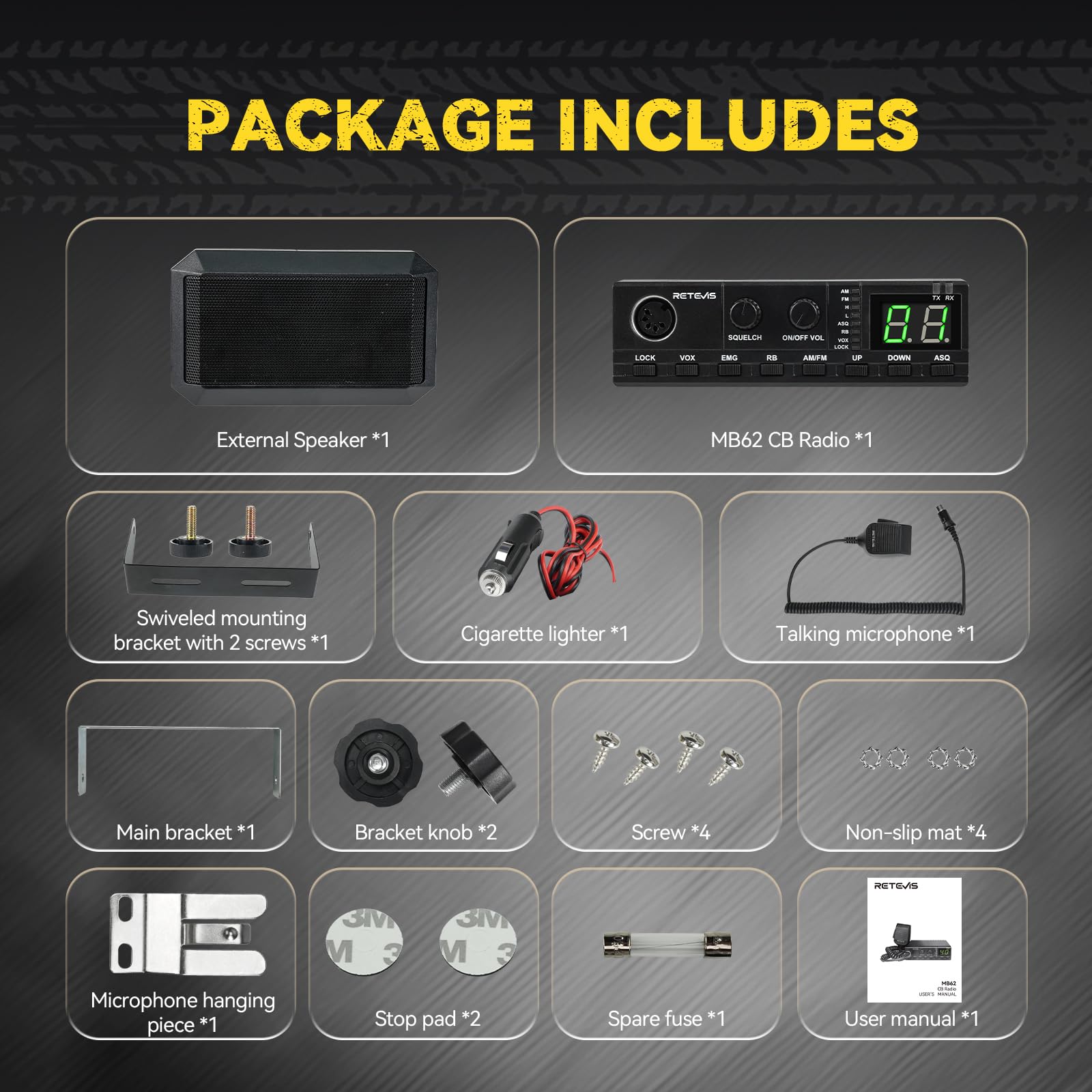 Retevis MB62 CB Radio, CB con Antenna ad Alto Segnale e Altoparlante Esterno, VOX, Riduzione Del Rumore ASQ/SQ, AM/FM, EMG CH9/19, Staffa di Montaggio, Radio Portatile per Camion (1 Pz)