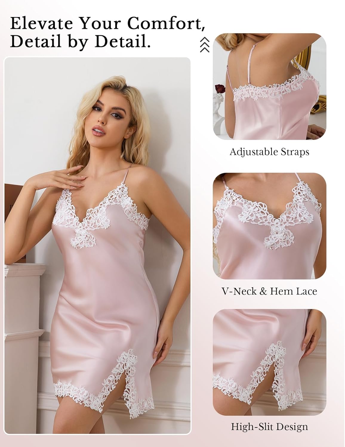 THXSILK Women 100% Mulberry Silk Nightgown, Lace Sexy Lingerie Short Nightwear, Sexy V Neck Negligee Lingerie Short Nightwear - Image 4