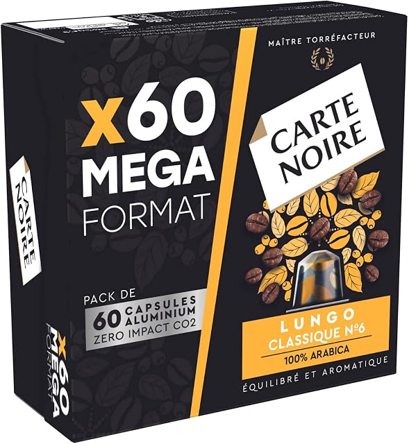Carte Noire, Espresso Lungo, Nespresso Compatible Aluminium Capsules, 1 Pack of 60 Coffee Pods, 100% Arabica, Roasted and Nutty Notes, Intensity 8/10, Rich Texture, Coffee Capsules for a Tall Coffee